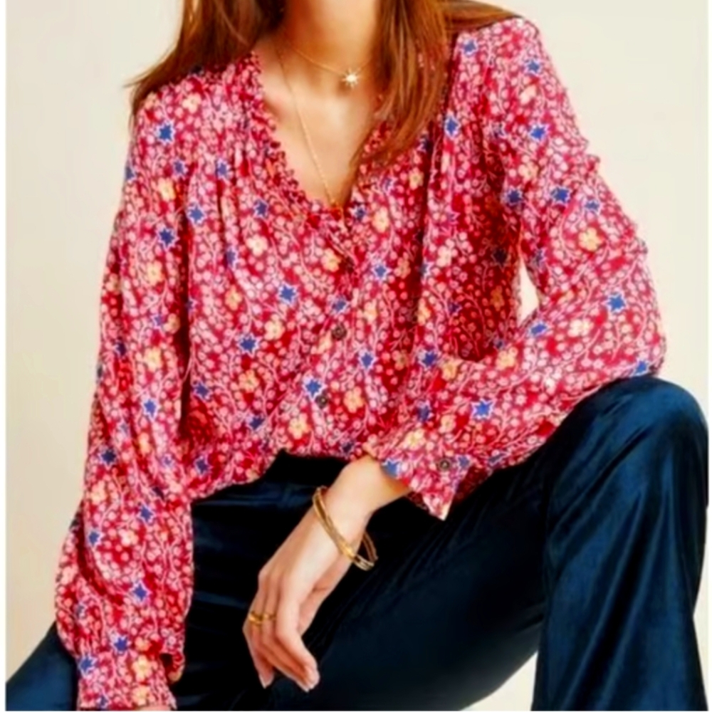 Anthropologie Maeve Marisol Red Pink Floral Star Print Long Sleeve Blouse Size 0